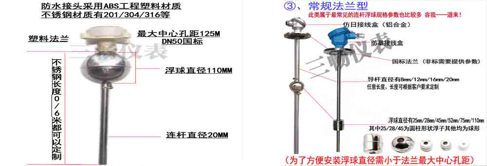 國標(biāo)型塑料接頭浮球液位開關(guān)和常規(guī)法蘭型浮球液位開關(guān)